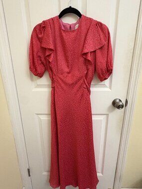 Ted Baker London Coral Pink Floral Jacquard Ruffle Midi Dress - Size 2 (US 6 / S